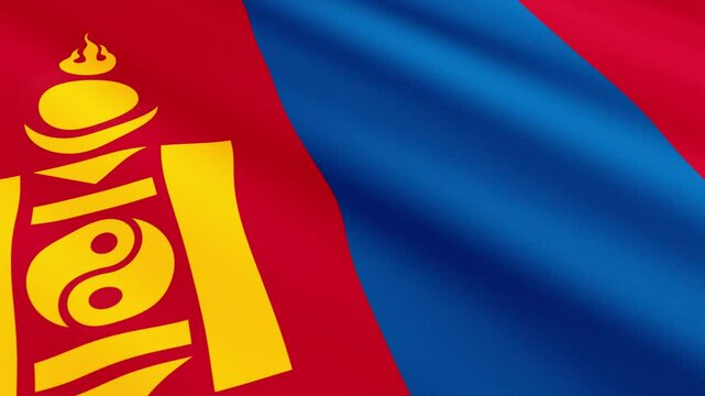 Mongolia Flag Waving Gently in the Wind, Close-Up Full-Frame Perspective, Soft Fabric Texture, Slow Motion, Natural Movement, Waving Flag Background