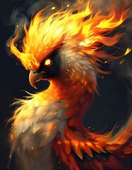  A powerful depiction of a phoenix with vibrant orange and yellow flames erupting from its body as it appears to be rising.