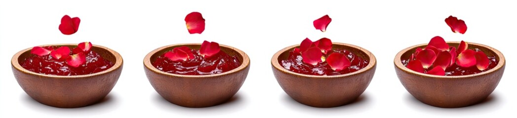Rose petals falling into wooden bowls of red liquid