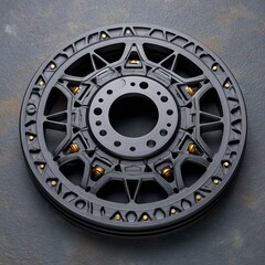 Obraz premium Intricate metallic gear with golden rivets on textured backdrop