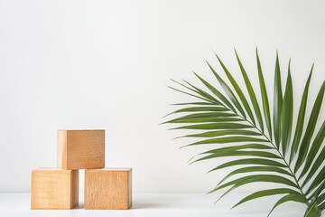 Minimalist scene wooden cubes & palm frond