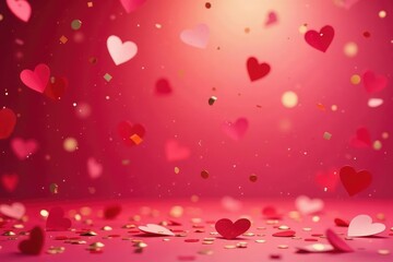 Obraz premium Heart confetti falling, red, pink, gold, celebratory background , abstract, element