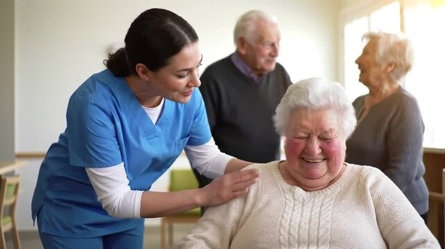 Caring Woman in Blue Scrubs Comforts Smiling Senior Woman Alongside Happy Elderly Couple in a Sunlit Home