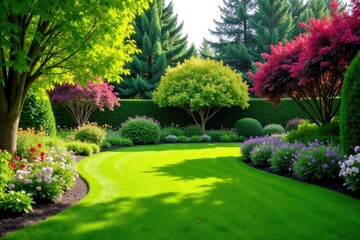 Fototapeta premium Landscaped backyard oasis with lush green lawn, flowering plants, and mature trees , scenic, foliage
