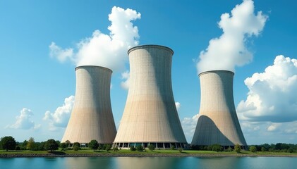 Massive industrial cooling towers against a blue sky Perfect for energy, power plant, and environmental themes , structure, high