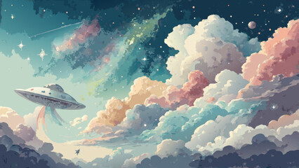 *Watercolor ethereal clouds in fluffy white with iridescent hues, creating a dreamy World UFO Day backdrop for cosmic contemplation with copy space*  