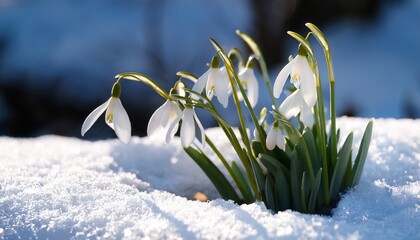 snowdrops blooming through winter snow in a wintry landscape creating a beautiful transition to spring season
