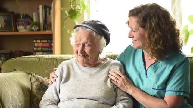 Caring Young Woman Comforts Senior Woman at Her Home with Natural Light and Indoor Plants