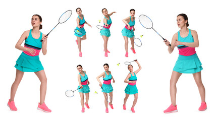 Young woman playing badminton with racket on white background, collage