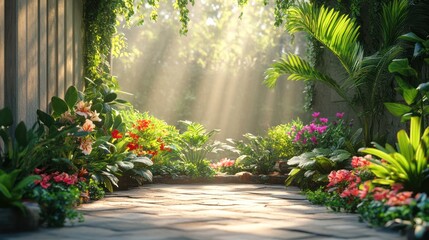 Fototapeta premium Tropical Garden Path Sunlight, Lush Plants, Peaceful Scene