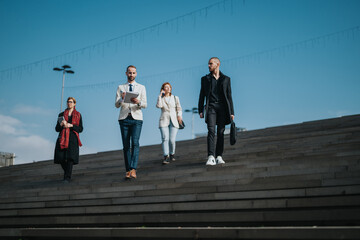 A group of business professionals dressed in formal attire descending large city steps, emphasizing teamwork, confidence, and urban lifestyle.