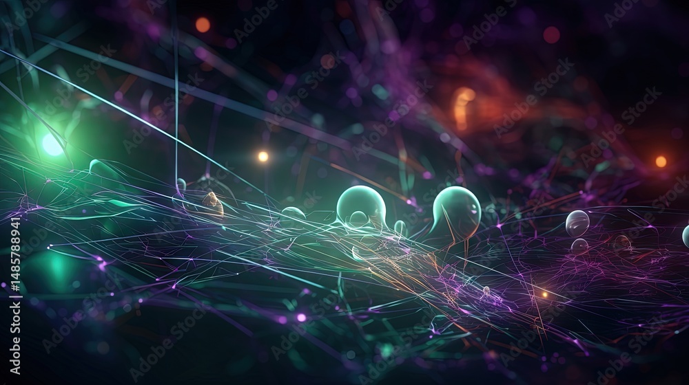 Poster Futuristic abstract network of glowing digital connections and flowing data streams in cyberspace
