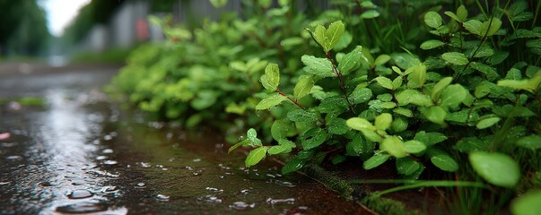 Fresh Green Plants with Water Droplets on Ground After Rain in Urban Environment