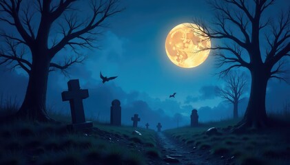 Spooky graveyard at night, full moon, spooky trees, haunted atmosphere , scary, mystery background, holiday