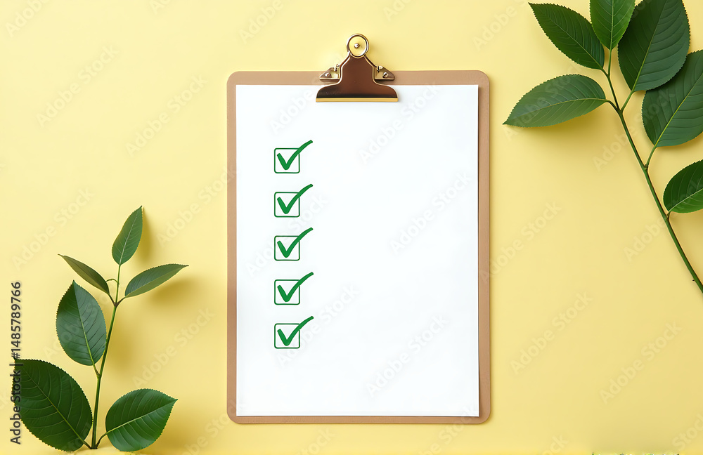 Poster clipboard five item checklist features green checkmarks light yellow background green leaves surroun