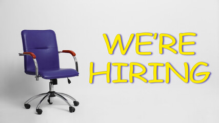 We Are Hiring. Empty office chair on light background, banner. Recruitment, human resources concept