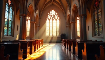 Fototapeta premium Tranquil church interior, sunlight streaming through stained glass windows , house of worship, ornate, stained glass