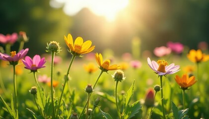 Fototapeta premium Sunlit wildflowers in a lush meadow, showcasing natural beauty , earth, earth tones