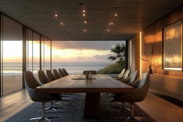 Fototapeta premium Modern Coastal Boardroom at Sunset