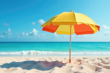 Fototapeta premium Vibrant beach umbrella providing shade on sunny sand , sunshade, bright colors, sunny