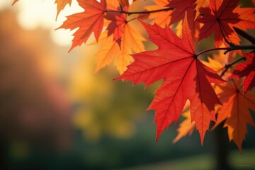 Fototapeta premium Vibrant autumn leaves in a Far Eastern garden, sunlight dappled on colorful foliage , vivid, scenic, light