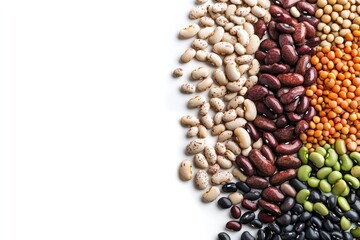 Assortment of various beans and lentils.  Colorful legumes arranged in a gradient pattern on a white background.  A close-up view showcases the diverse shapes and colors of the different types 