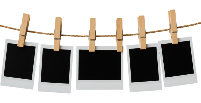 Five Blank Polaroid Photo Frames Hanging from a Rope with Wooden Clothespins in a Clean, Minimalist Composition, Isolated on Transparent and White Background