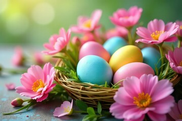Obraz premium Vibrant pastel eggs nestled in a spring flower arrangement , bunny, colorful eggs