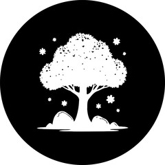 Minimalistic white tree with rocks silhouette against stark black circle