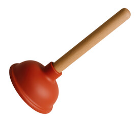 High-Quality Red Rubber Toilet Plunger with Sturdy Wooden Handle for Effective Drain Cleaning and Maintenance, Isolated on Transparent and White Background