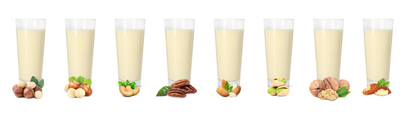 Different types of nut milk in glasses isolated on white, set