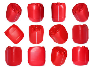 Plastic canister on white background, collage. View from different sides