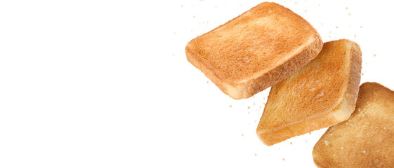 Pieces of toasted bread falling on white background. Banner design with space for text