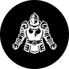 Stylized knight silhouette in a dark circle emblem representing medieval strength