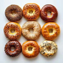 A tempting assortment of bagels in various flavors arranged neatly on a white background.