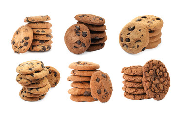 Yummy chocolate chip cookies isolated on white, collage