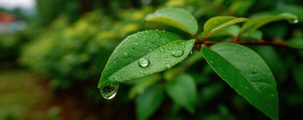 Fresh Green Leaves Covered with Water Drops After Rain in a Lush Nature Background