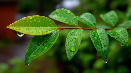 Green Leaves with Fresh Rain Drops Close Up on a Branch in a Natural Outdoor Environment