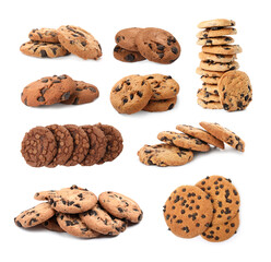 Yummy chocolate chip cookies isolated on white, collage