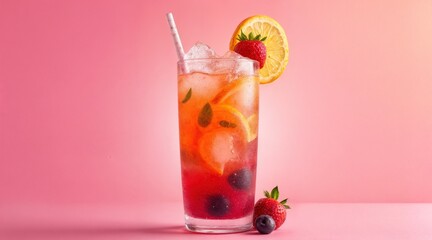Colorful fruit soda with ice and berries on vibrant pink background