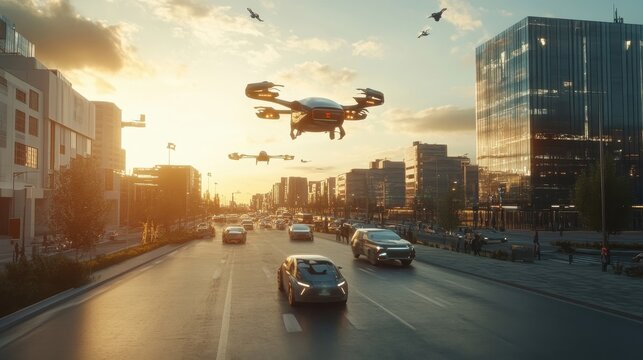 futuristic cityscape with flying drones and selfdriving cars at