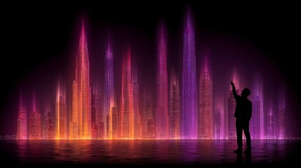 Fototapeta premium A cityscape behind a silhouetted figure.