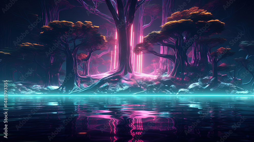 Poster neon-lit tree in a mystical jungle with glowing light and vibrant reflections