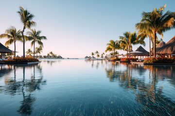 Beachfront infinity pool with thatched huts and palm trees at tropical resort. Serene coastal view during sunset