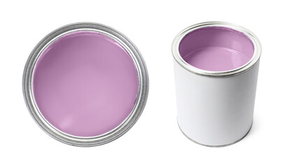 Pastel violet paint in can isolated on white. Top and side view