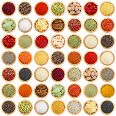 Different aromatic spices in bowls isolated on white, set. Top view