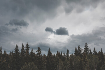 moody day over the canadian rockies, glaciers, roads and forest stay under a dramatic dark sky full of clouds