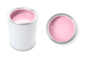 Pastel pink paint in can isolated on white. Top and side view