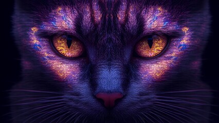 A striking close-up shot focusing on the piercing, glowing purple eyes of a cat in a dimly lit, dark purple setting.