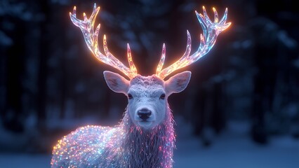 A magical winter image of a deer with softly glowing antlers standing in a snowy landscape, illuminated by a gentle light.
